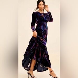 BNWT! New! Anthropologie Elegant Velvet maxi long Dress 6 S small Purple Blue